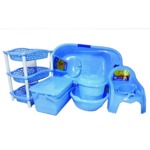Baby Bath Set - 7pcs + 3 Tiers Plastic Trolley -Blue