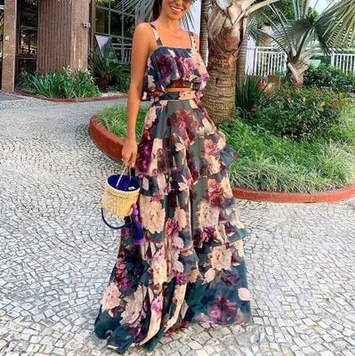 Women Summer Boho Beach Two Piece Set Sexy Skirt Set Crop Top+Maxi Long Skirt Floral Printed Ruffles High Waist Casual Two Piece（#As Photo）