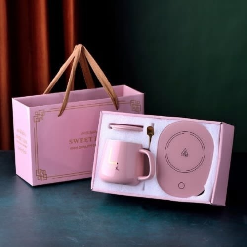 Insulated Ceramic Coffee Mug With Heating Pad - Cover And Teaspoon - 16W - Pink