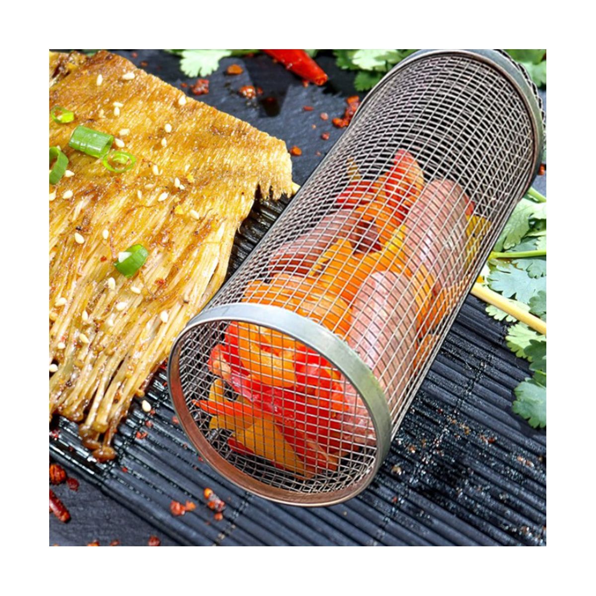 Barbecue Basket Stainless Steel Grill Outdoor BBQ Basket Grate with Hook and Fork Travel Camping Picnic Cookware 35CM
