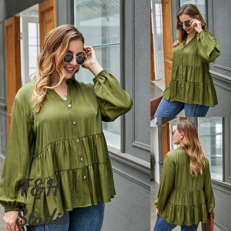 XL-4XL V Neck Long Sleeve Button Down Office Work Plus Size Blouse Green 2776