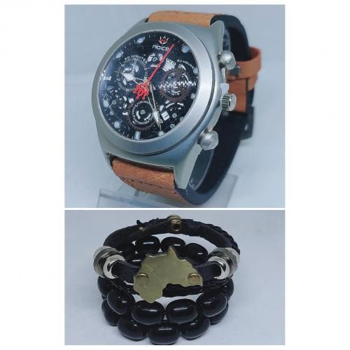 Men Brown Leather Wristwatch + Bracelets