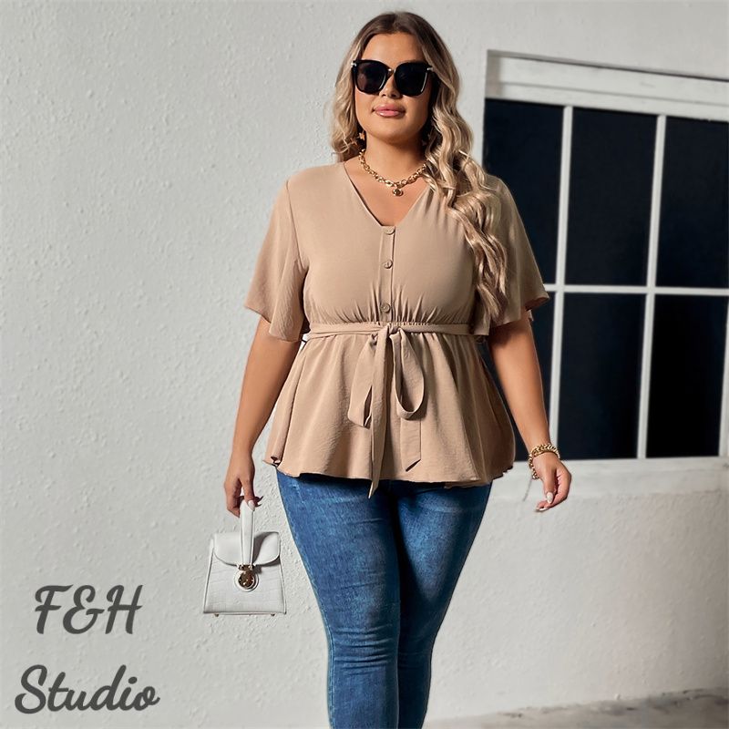 F&H 3603 XL-4XL V Neck Plus Size Casual Women Blouse