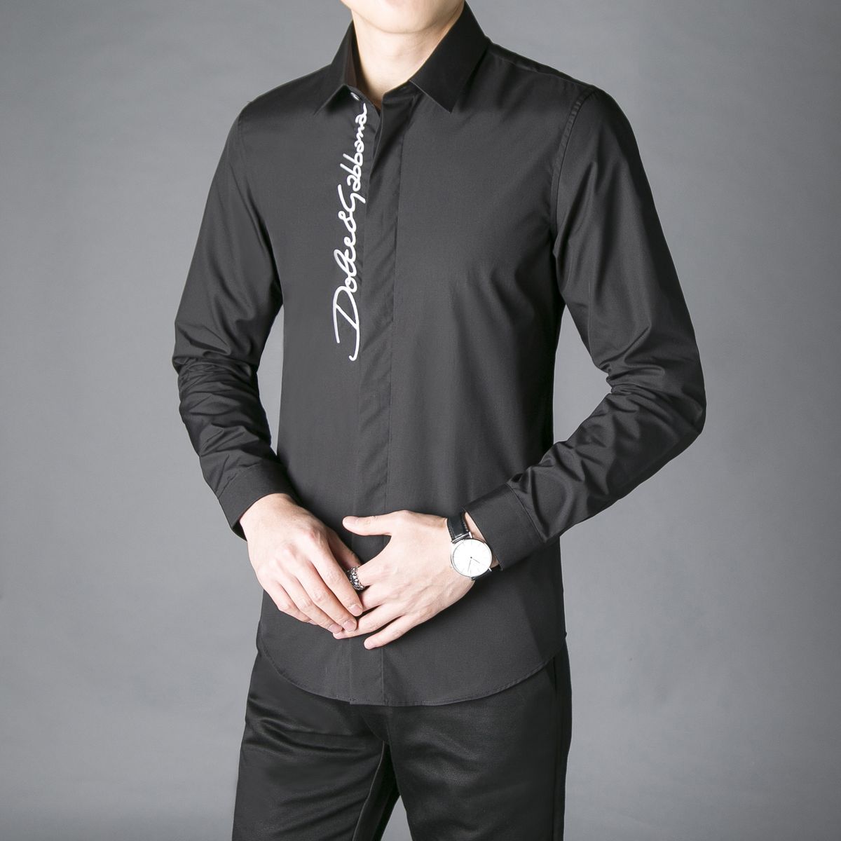 （Black）English Embroidered Shirt Men's Long Sleeve Fashion Slim Season Light