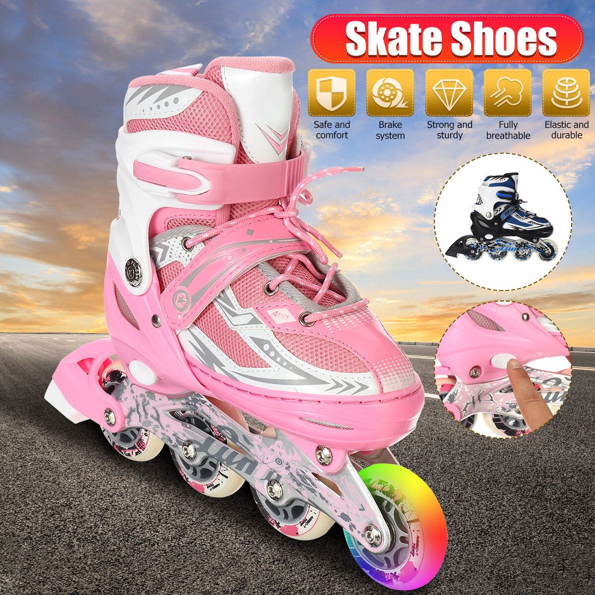 (31-42 Size) S/M/L Flashing Unisex Adult/Kid Breathable Inline Speed Skates Roller 4 Wheels Skating Shoes Adjustable Protective Bracers LED Flash Wheels Skates Gifts For Girl Boy Safety Roller Skates Toys Pink
