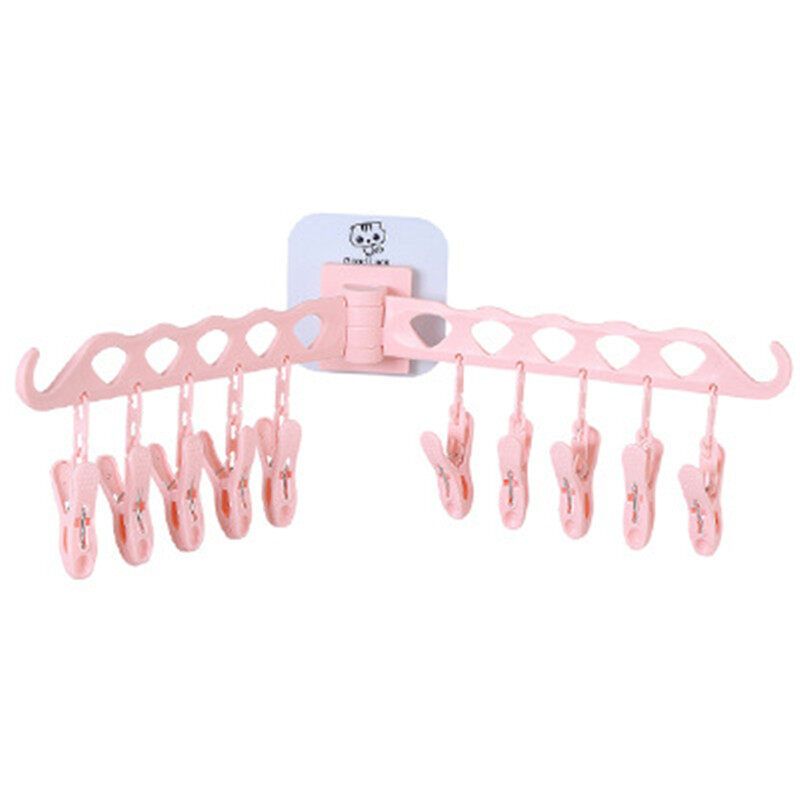 Sticky Rotating Multifunctional Clothes Hanger Home Wall-mounte With 10pcs Clips Pink