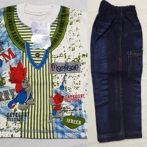 Boys Long Sleeve Round Neck T-Shirt With Jeans Trouser - Green & Blue