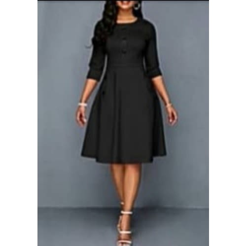 Black Solid Button Detail Midi Dress