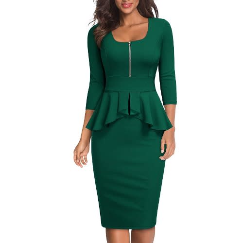 Front Zipper Peplum Dress - Green