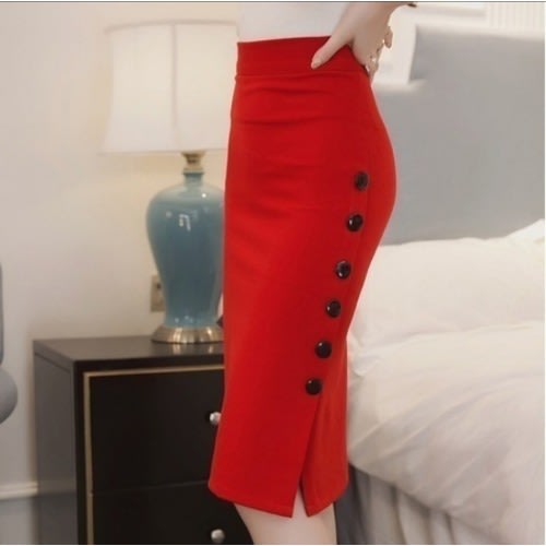 Button Down Pencil Skirt-red