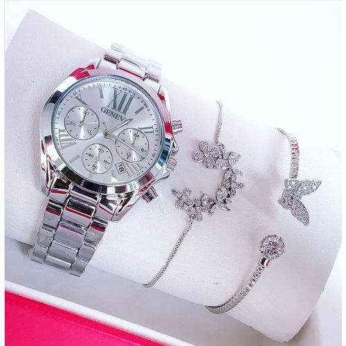 Dazzling & Very Stylish Silver Wristwatch +  Double Romantic Wrist Set For Classic Ladies