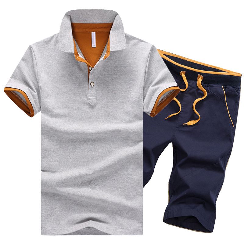 2pcs Cotton Casual Polo Shirt & Shorts Set - Grey/Dark Blue