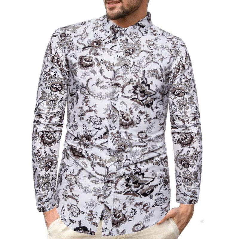 Men's Casual Floral Shirt Long Sleeve Wedding - White