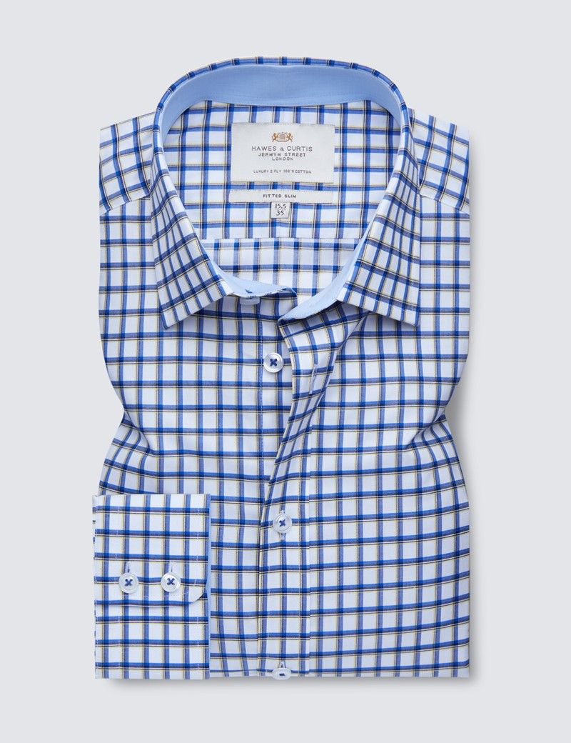 Men's Easy Iron Green & Blue Grid Check Slim Fit Shirt - Single Cuffs