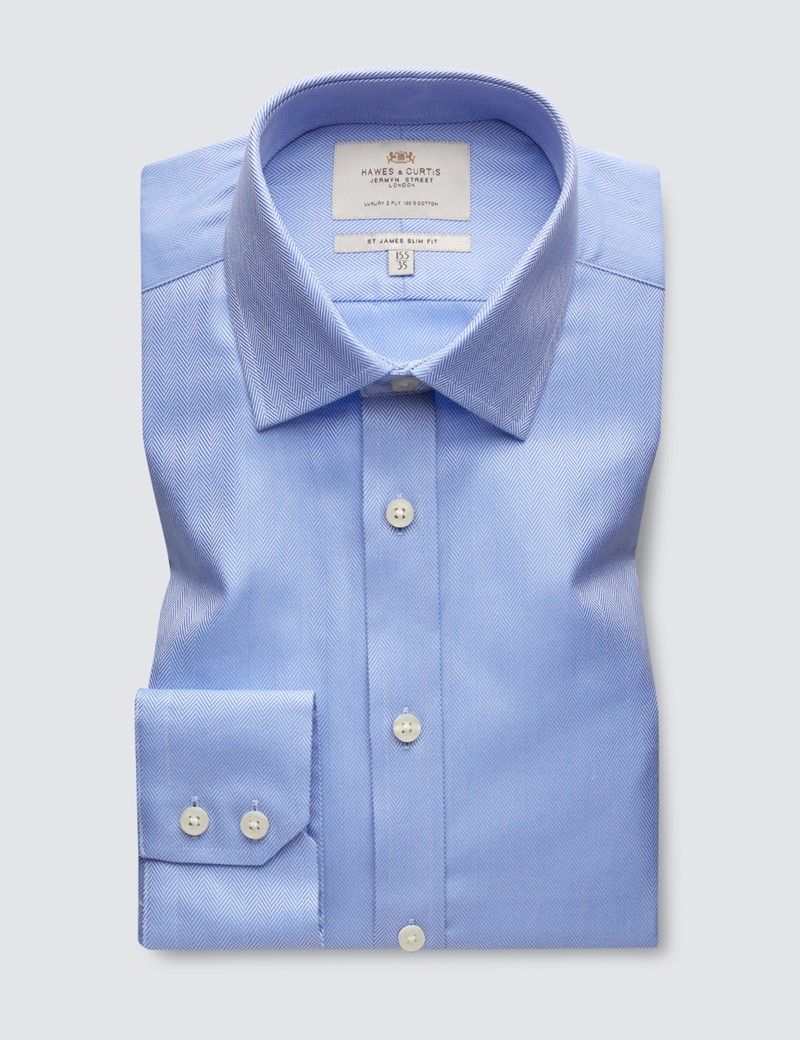 Men's Formal Blue Herringbone Slim Fit Shirt - Single Cuff - Easy Iron