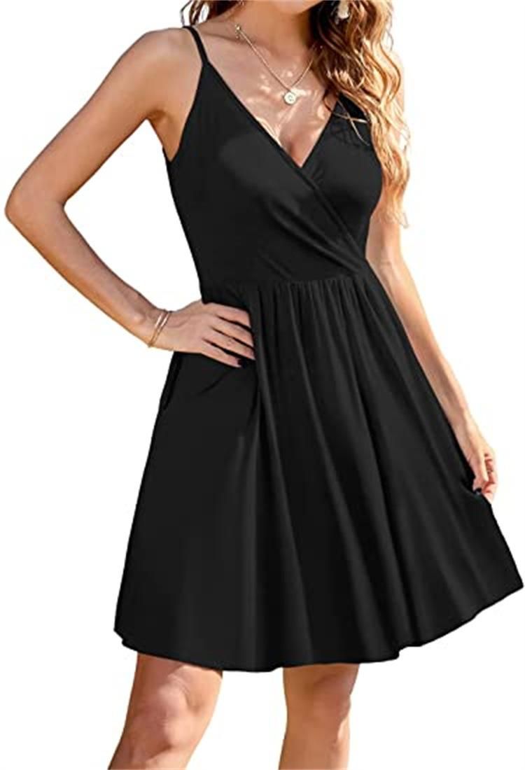 New Women's Solid Color Sexy V-neck Beach Skirt Slim Slim Slim Pocket Dress Women