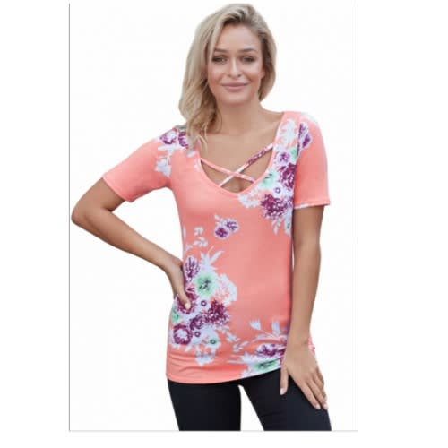 Pink Floral Crisscross Neck Detail Short Sleeve Top - Pink