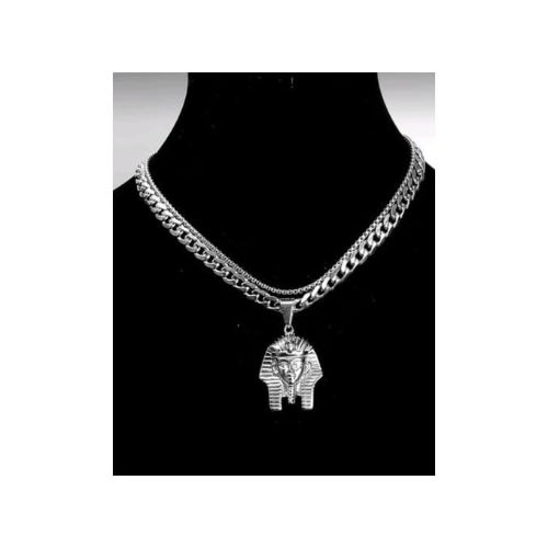 Head Of Pharaoh Pendant With 2 Cuban Chains. Silver