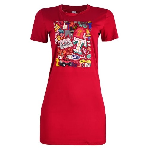 Round Neck Print Shirt Dress- Red