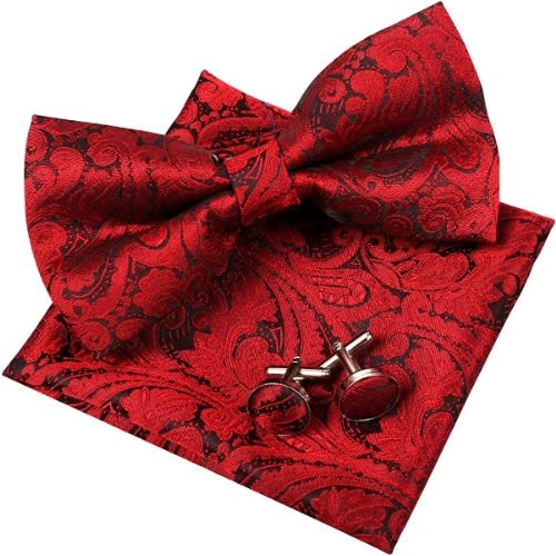 Men's Bowtie With Cufflinks And Pocket Square  - Floral Red