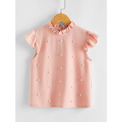 Girls Frill Neck Ruffle Armhole Pearls Beaded Top- Peach