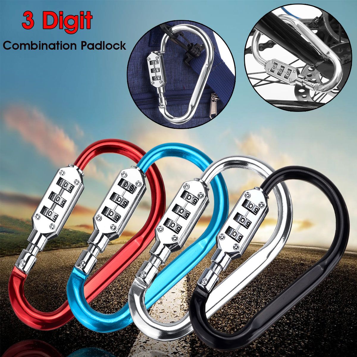 3 Digit Padlock Combination Motorcycle Bike Bicycle Bag Suitcase Carabiner Security Black