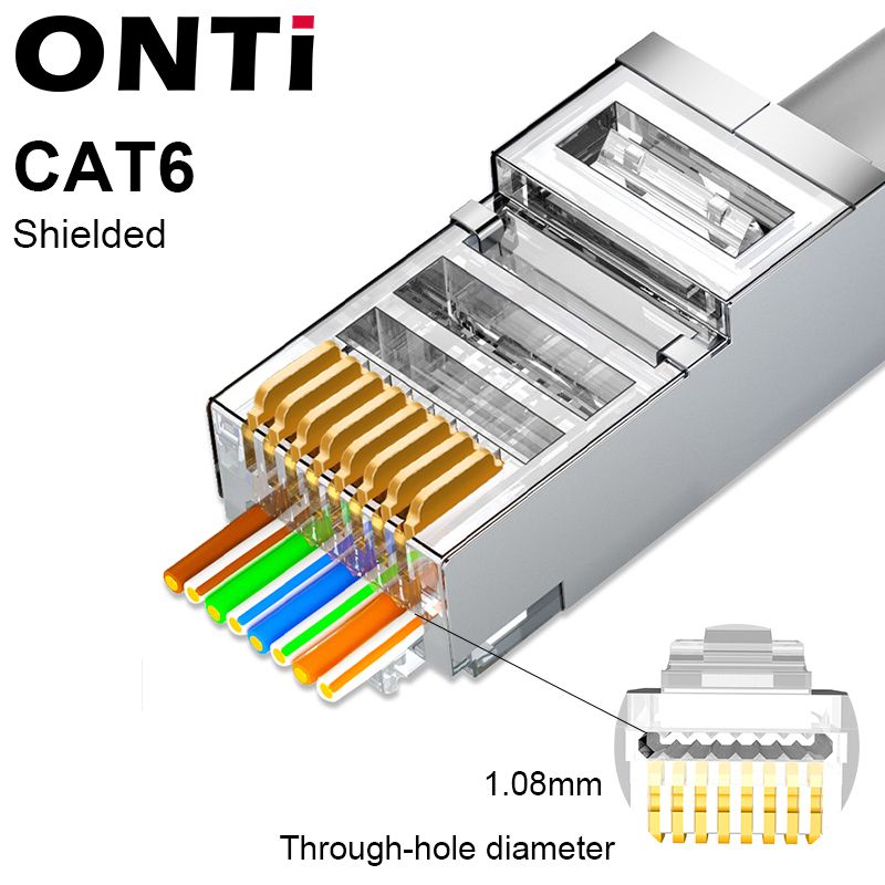 ONTi 10/50/100pcs CAT5E CAT6 CAT7 Plug RJ45 Connector 50U Gold Plated End PThrough Network Cable Modular 8P8C Connector-CAT6 Shielded