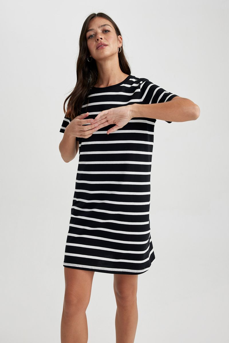 Woman Young C Neck Short Sleeve Knitted Dress - Black