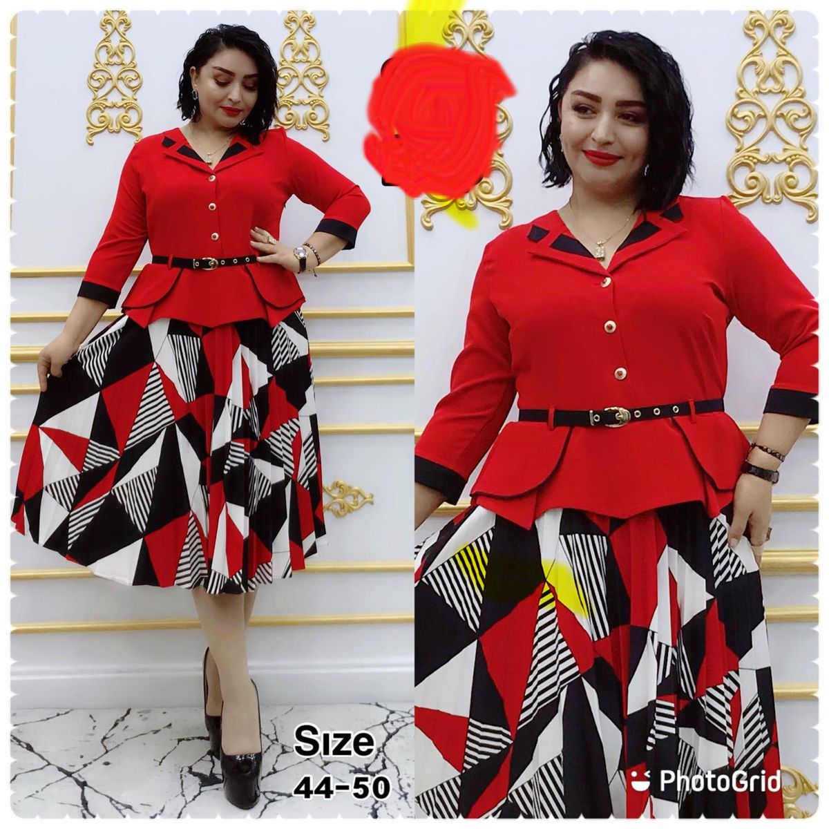 Turkey Multicolour Dress With 3/4 Sleeve -Red