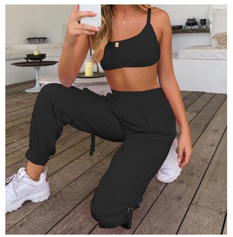 InstaHot Pink 2 Piece Set Women Casual Pockets Loose Cargo Pants Jogger Pant Elastic Waist Backless Strap Crop Tops  Streetwear（#black）