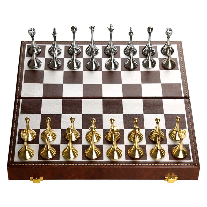 Gold Silver Metal Chess Set Luxury Leather Storage Chessboard Professional Chess Game Portable Family Table Board Games Gifts