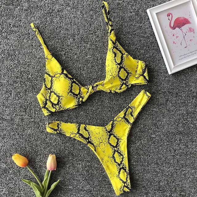 Neon V-bar Underwired Bikini Female Ribbed Swimsuit Women  Swimwear Two-pieces Bikini Set Push Up Bathing Suit B001Yellow KIP