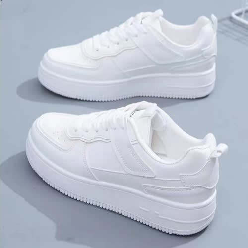 Thick Soled Leather Casual Female Sneakers - White