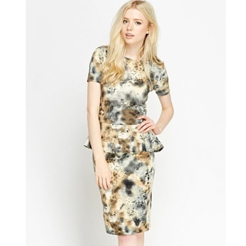 Marble Mixed Print Pencil Skirt And Peplum Blouse