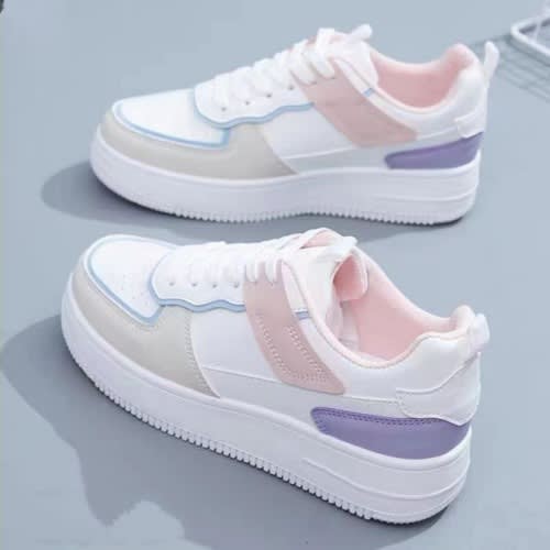Thick-Soled Leather Female Sneakers - White & Pink
