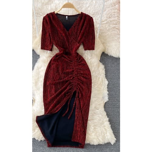 Ruched Glittery Midi Dress- Dark Red