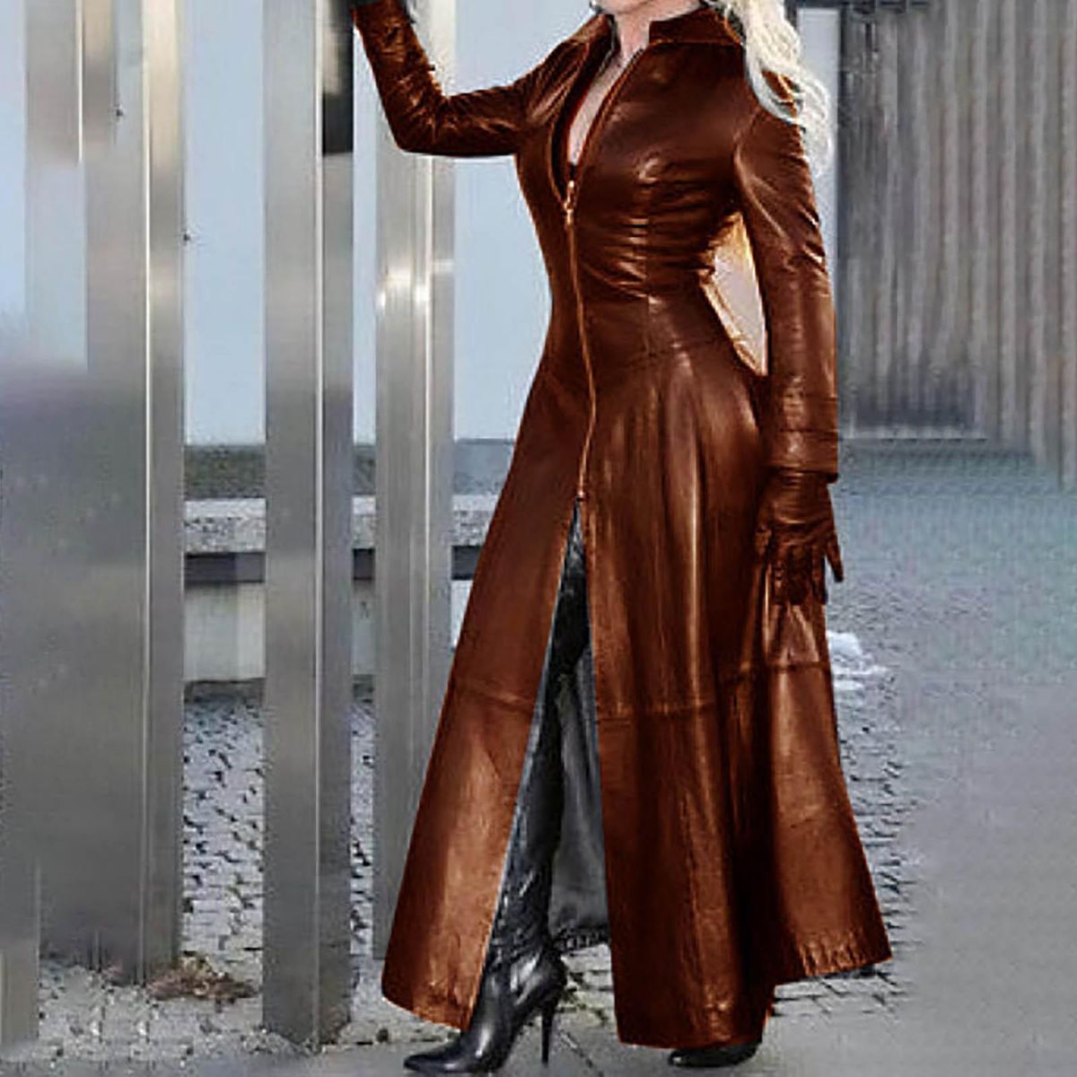 Women's Sexy Solid Long Leather Coat Imitation Leather Windbreaker Coa