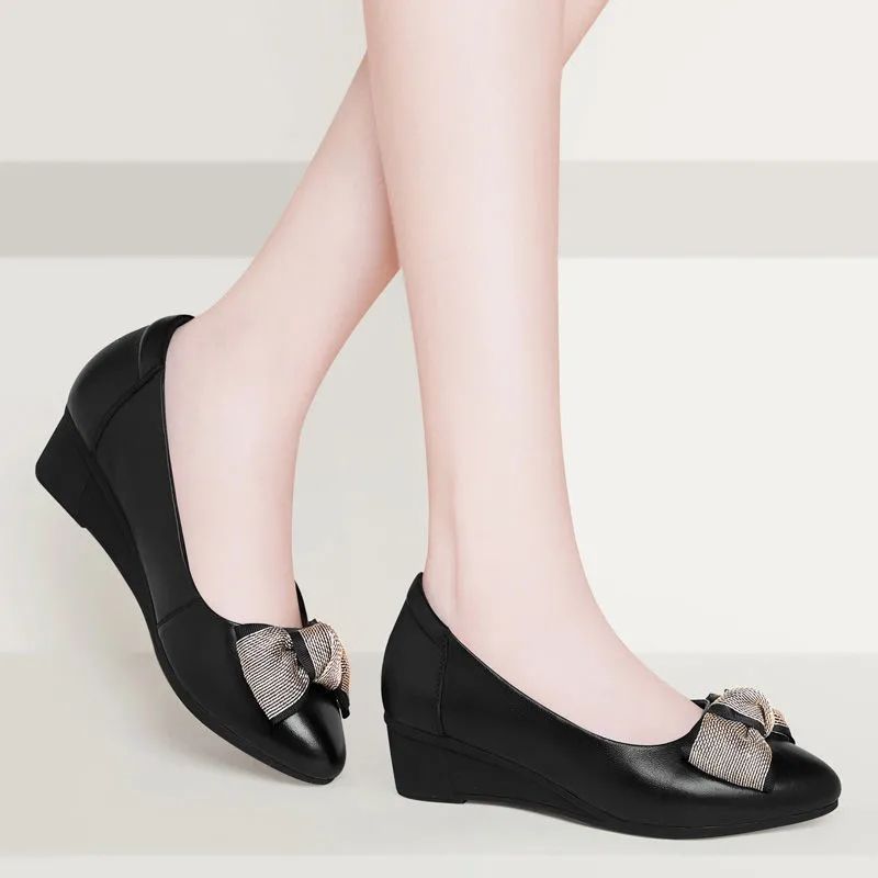 Pofulove Womans Shoes Leather Wedge Platform Heels Office Ladies Shoes For