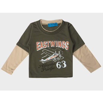 Boys Mock Long Sleeve Aeroplane Print T-shirt -Brown