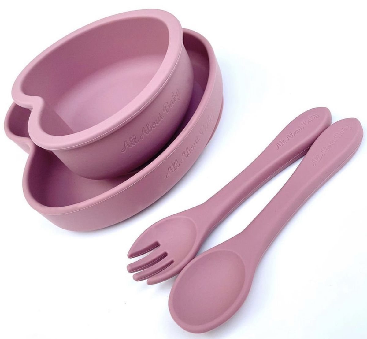 Silicon Suction Baby Heart Plate, Bowl, Spoon And Fork Set