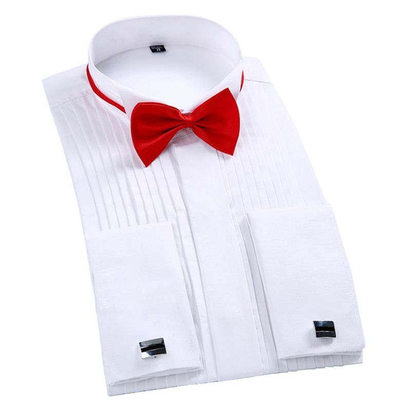 （）Mens Wing Tip Collar Dress Shirt  Red French Cuff On Men Wedding Shirt