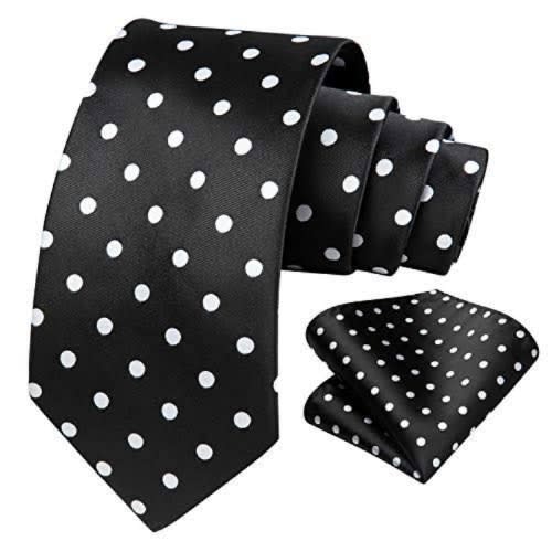 Men's Dotted Long Tie With Pocket Square  - Black