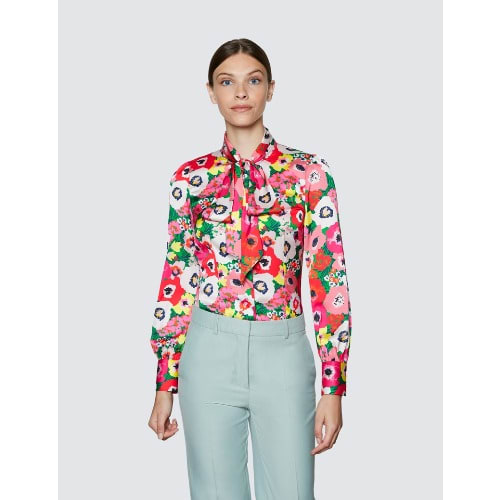 Women's  Large Poppy Print Pussy Bow Blouse -Red & Green