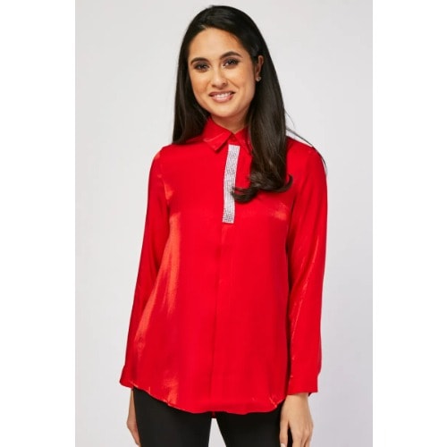 Red Encrusted Front Long Sleeve Shirt
