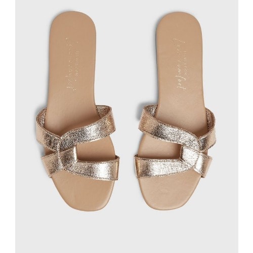 Rose Gold Metallic Cross Strap Sliders