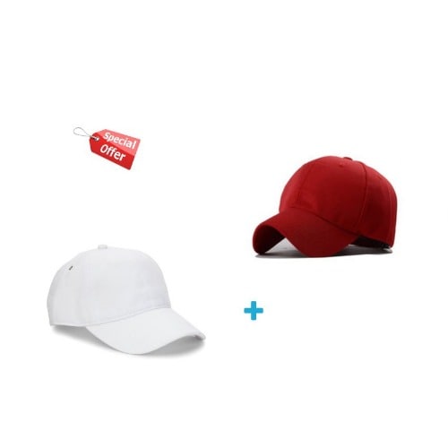 Unisex Cotton Cap - White & Red - 2 Pieces