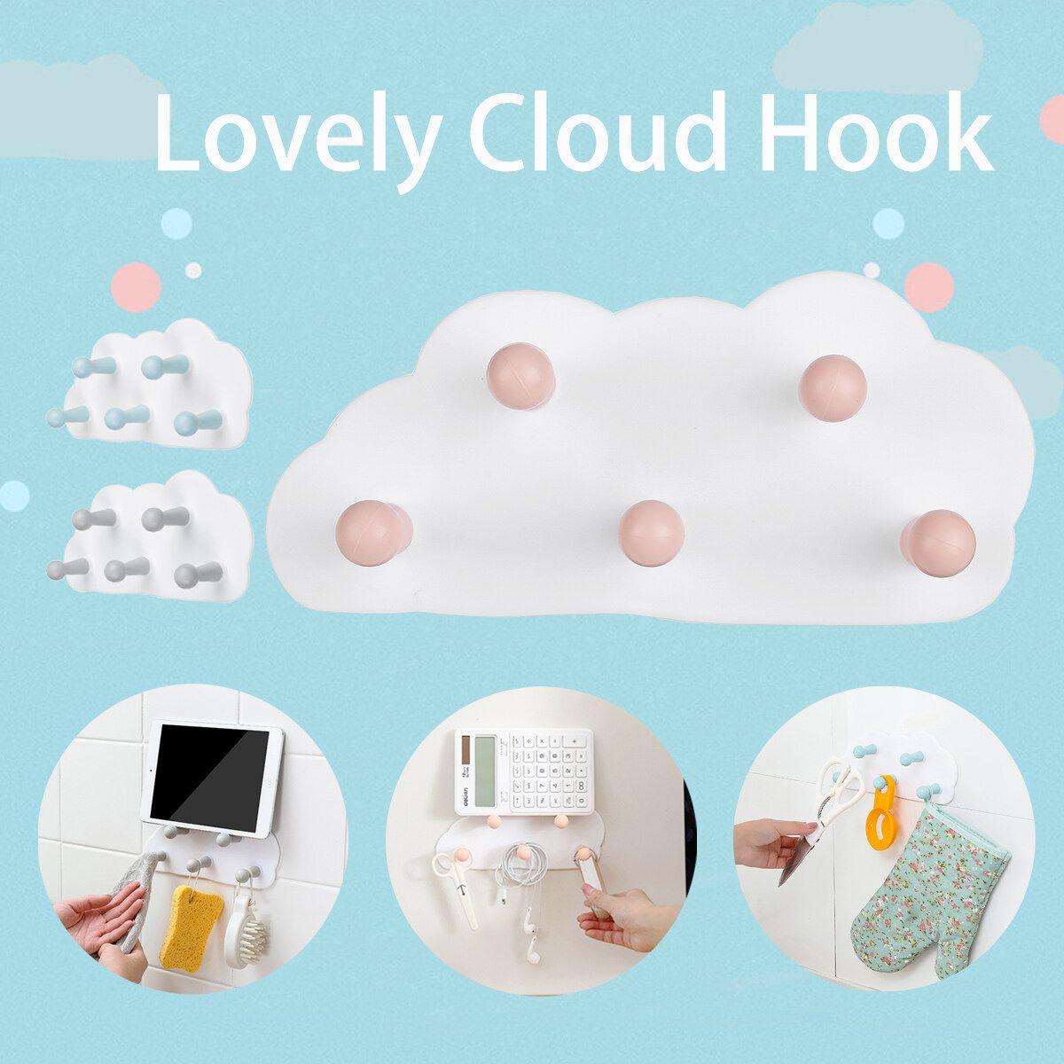 Cute Cloud Moon Wall-mounted 5 Hooks Key Coat Towel Hanger Holder Decoration Blue