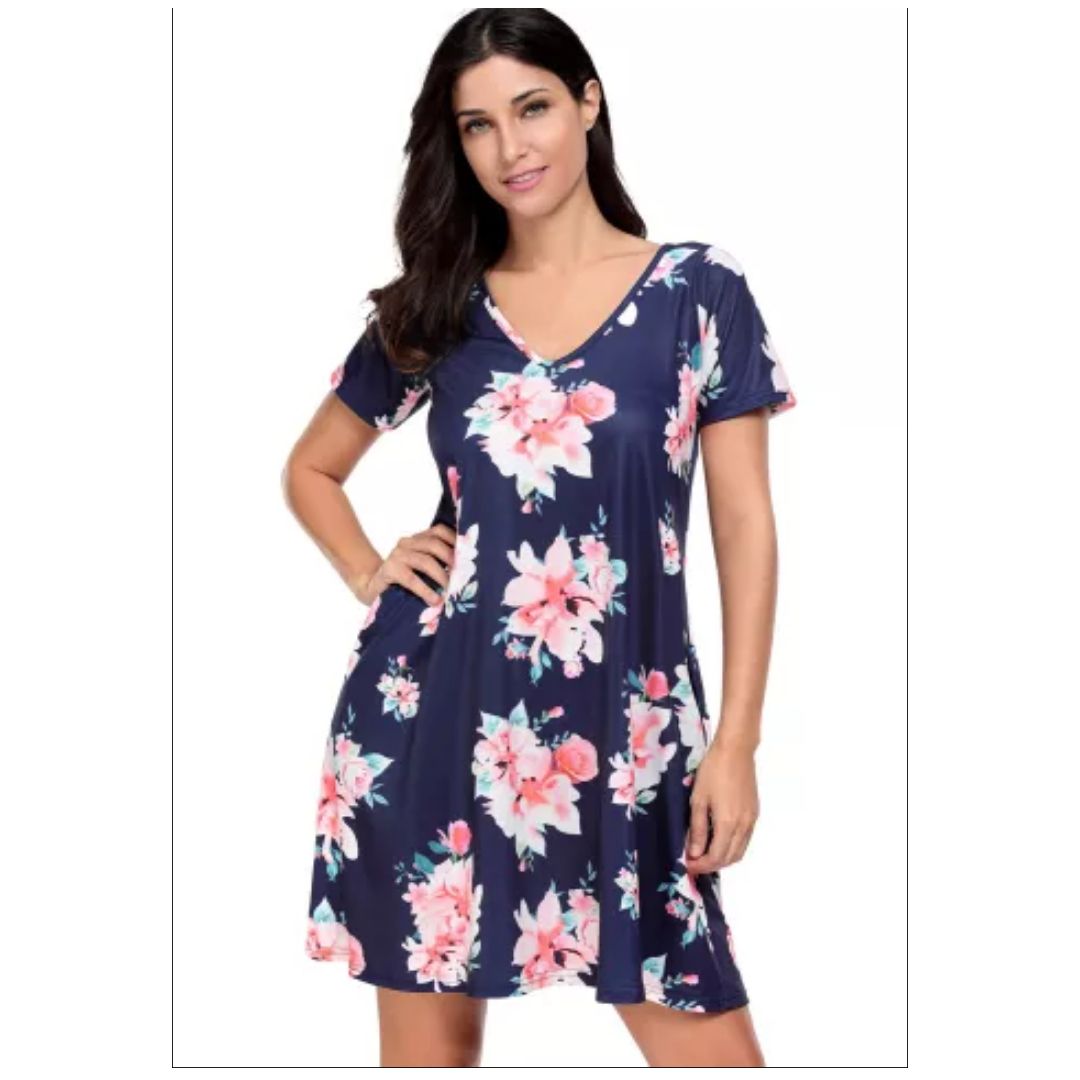 Mfed Dark Blue Pocket Design Summer Floral Shirt Dress
