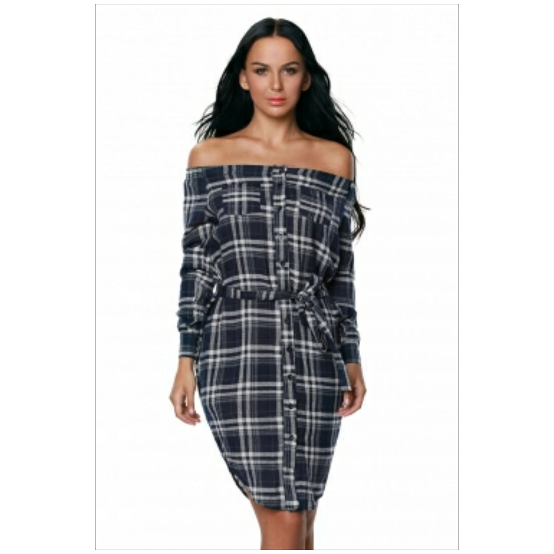 Mfed Button Down Off Shoulder Plaid Shirt Dress With Belt
