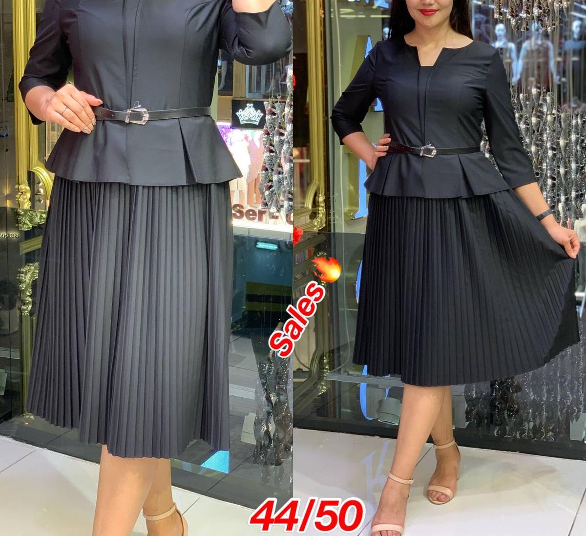 Turkey Peplum Pleated Belted Dress -  BLACK